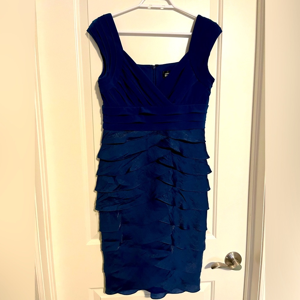Adrianna Papell Navy Sleeveless Formal Cocktail Tiered Midi Dress Size 8